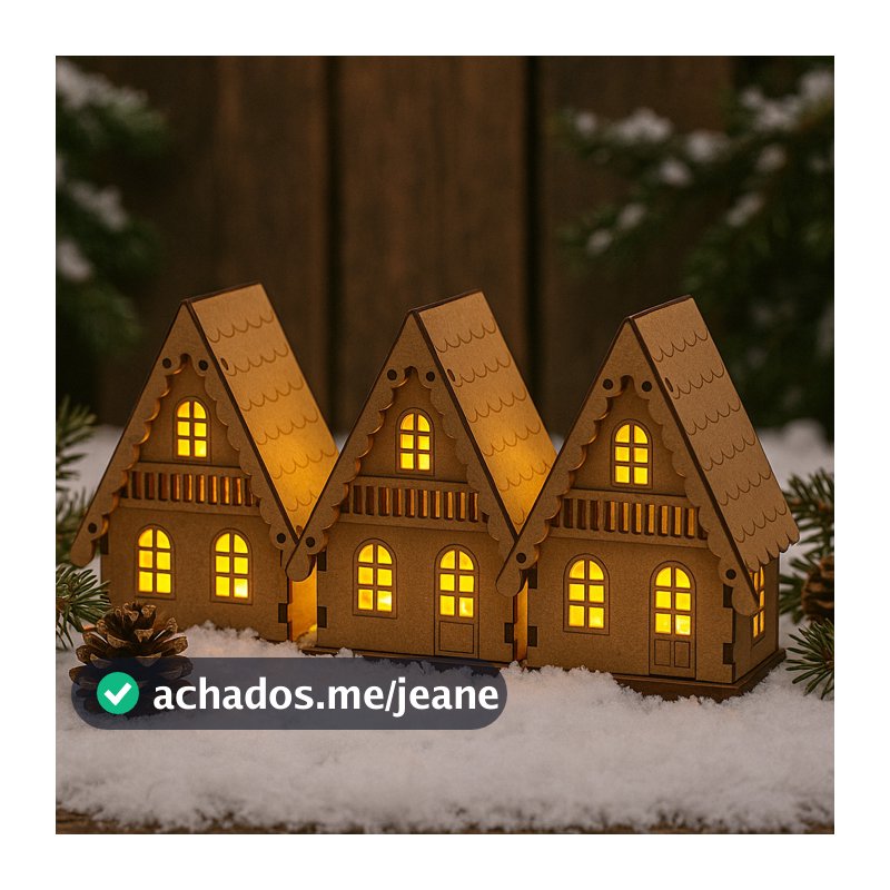 Conjunto com 3 Casinha Chalé MDF com Detalhes Natalinos Compatível com luz LED vila de natal enfeite