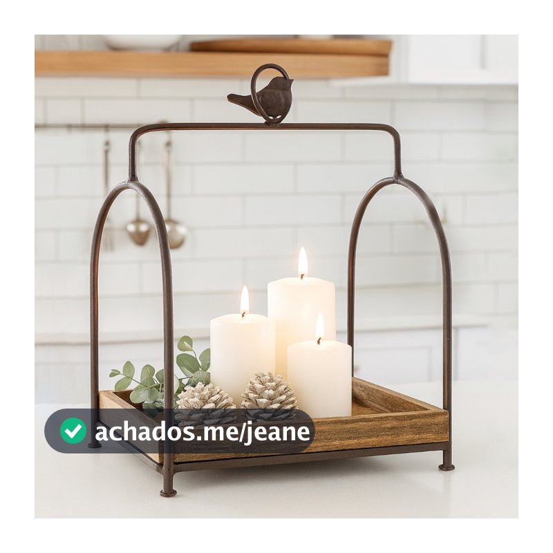 Suporte de Mesa Bandeja Decorativo Rústico Madeira e Ferro Pássaro Quadrado Organização e Farmhouse
