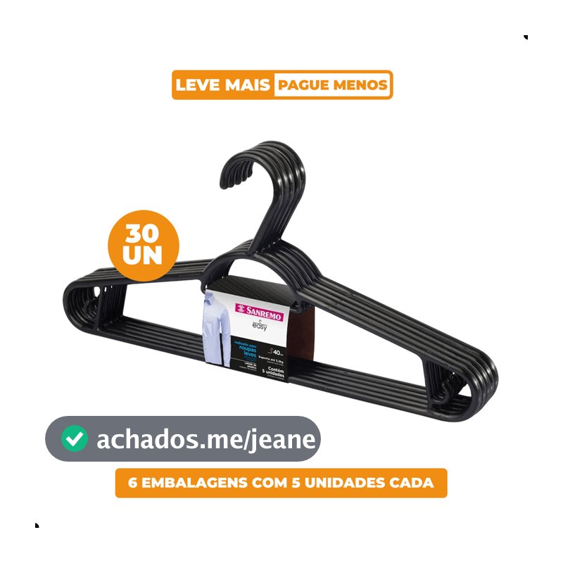 Kit Cabide Plástico Adulto 40cm Preto Sanremo 30 Unidades