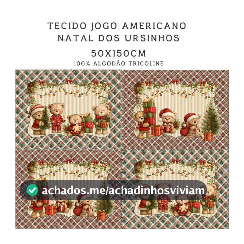 Tecido Tricoline Digital 4 Jogo Americano Natal dos Ursinhos 100% Algodão 55x150cm Maria Flor