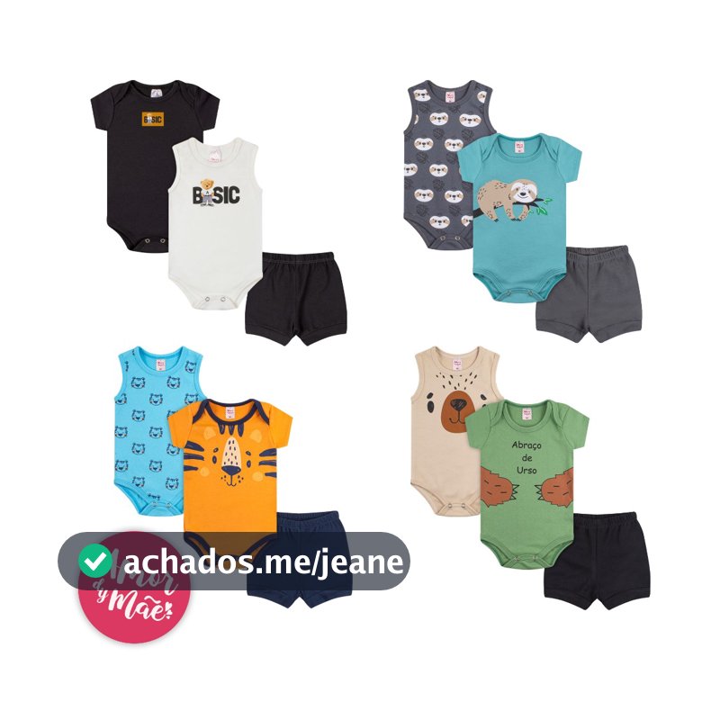 Kit 9 Peças Body Bebê Verão Manga Curta Regata Shorts Masculino P ao GG algodão