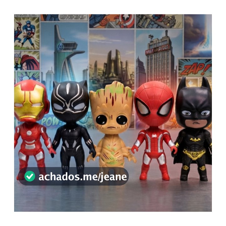 Kit 5 Mini Bonecos Heróis 9cm Homem de ferro, Pantera Negra, Groot, Homem Aranha, Batman, Capitão América Marvel