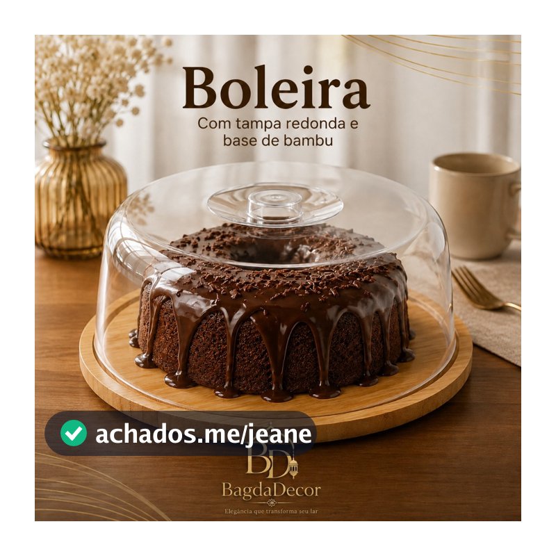 Boleira com Tampa Acrílica Base de Bambu 28cm Porta Bolo Torta Doces Mesa Cozinha Elegante Premium