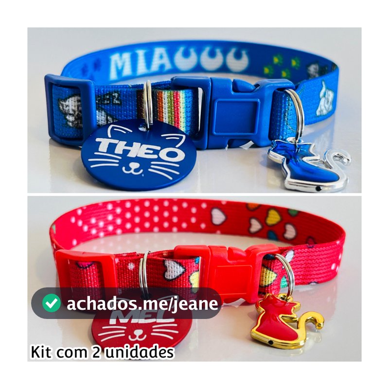 Kit c/ 2 coleiras para gato antienforcamento com nome e telefone personalizado