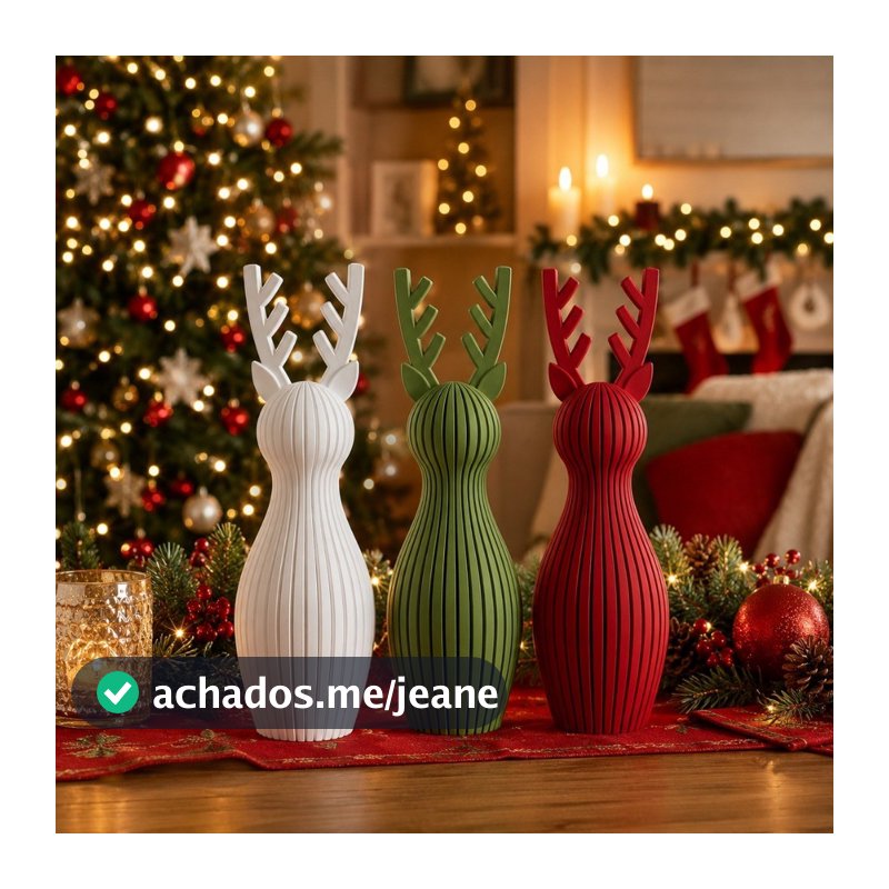 Kit 3 Enfeites de Natal Renas Decorativas Branco Vermelho Verde Decoração Natalina Presente Premium