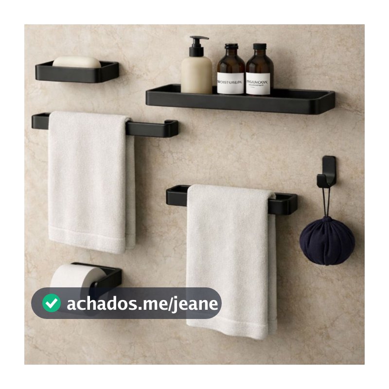Kit Acessórios Para Banheiro Lavabo 6 Peças Toalheiro Inox Premium Suporte Parede Luxo Preto Cromado