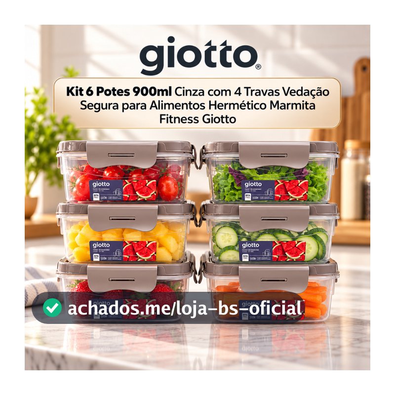 Kit 6 Potes 900ml Cinza com 4 Travas Vedação Segura para Alimentos Hermético Marmita Fitness Giotto