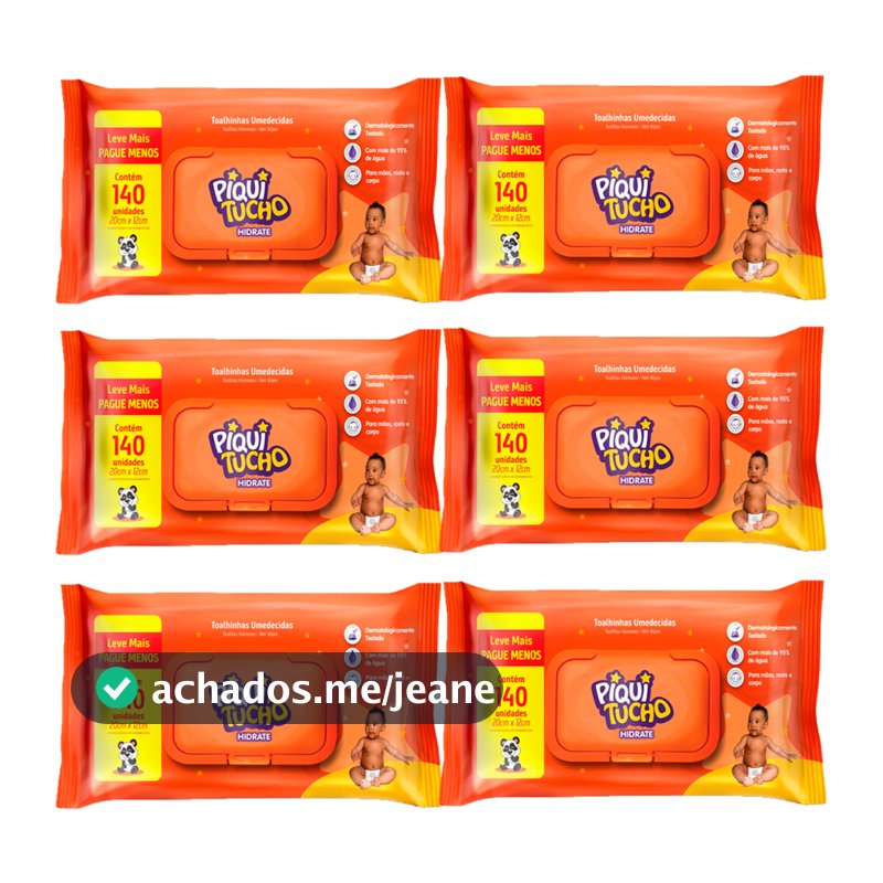 Kit Econômico 6 Toalhas Lenços Umedecidos Piquitucho 140 Folhas Bebê Hidrate Sem Álcool