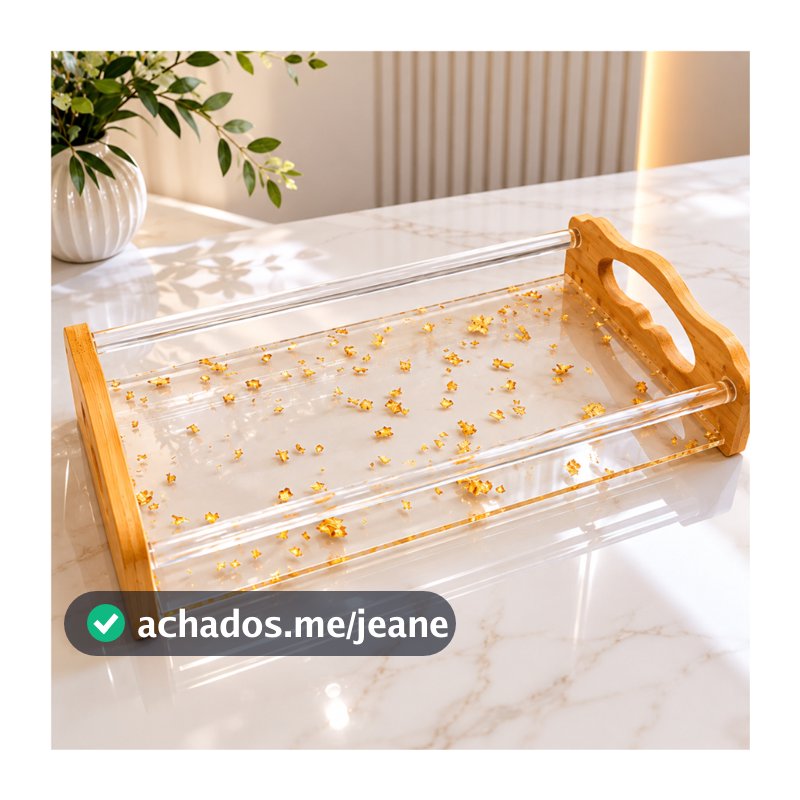 Bandeja decorativa Fios de Ouro retangular com alça multiuso cozinha sala banheiro