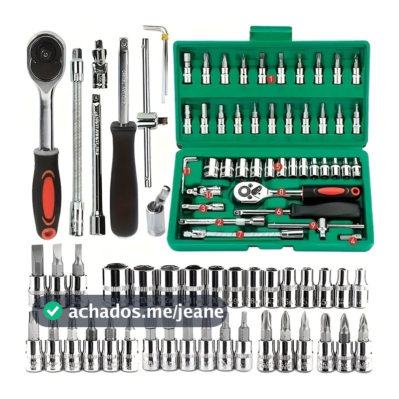46 Peças Verde Kit Chaves Jogo Catraca Reversível Soquetes Maleta Promoção