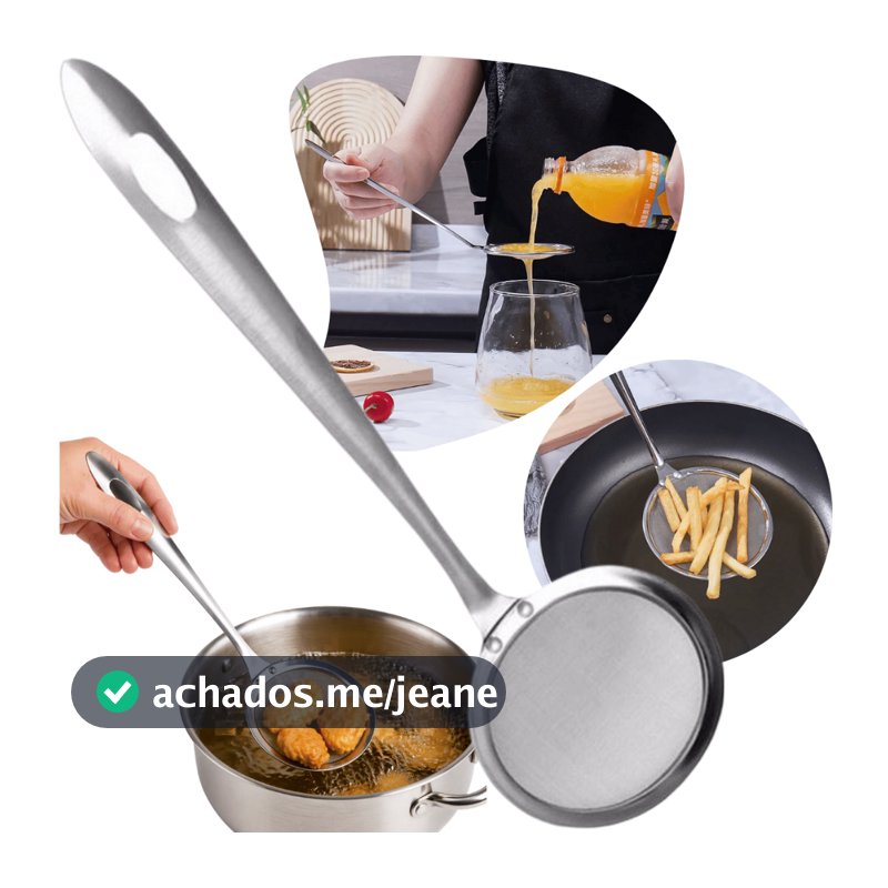 Escumadeira Tipo Peneira em Inox Tela Fina para Fritura Coar Óleo Remover Resíduos Uso Cozinha