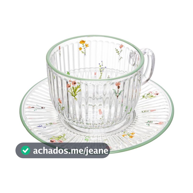 Xícara de Chá com Pires Florence 180ml Vidro Wolff Elegante para Mesa Posta Cozinha Sala Presente Sofisticada Requintada