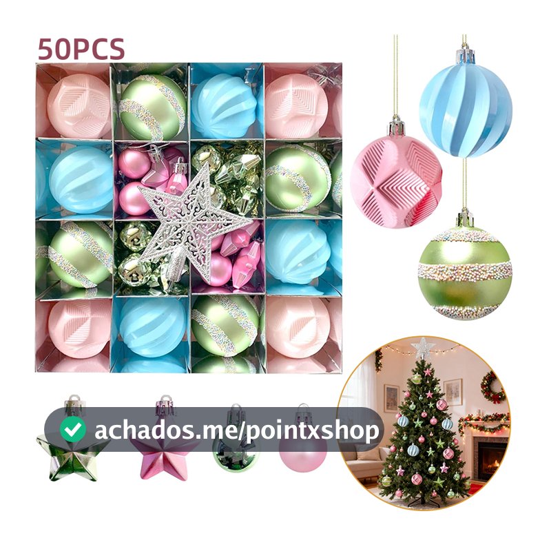 Kit 50 Bolas de Natal 6cm/3cm Enfeites para Árvore de Natal Pastel Rosa Azul Verde Sortidas Fosca Brilhante Glitter