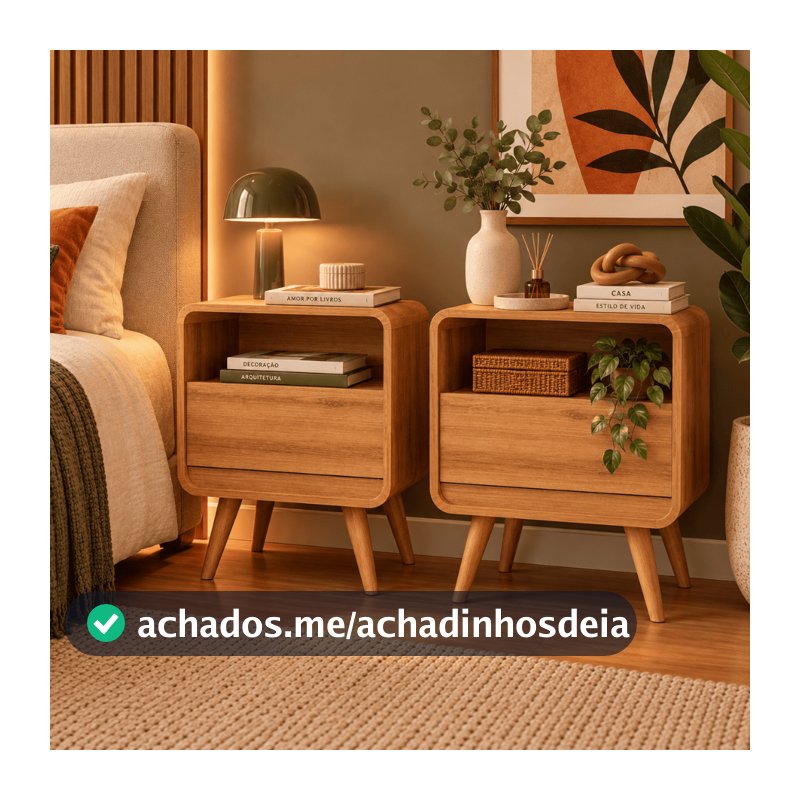 Kit 2 Mesas de Cabeceira Lateral Criado Quarto Retrô com Gaveta e Nicho Channel - Potenza