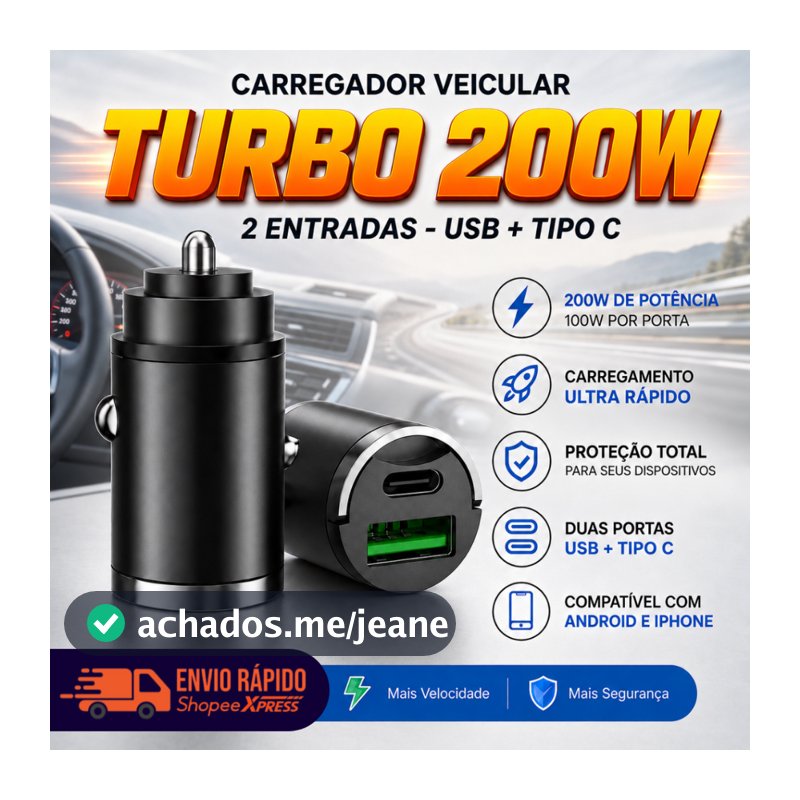 Mini Carregador Veicular Turbo Invisível 200W Carro Moto 2 Entradas USB + Tipo C 3.0 Ultra Rápido Celular iPhone Samsung