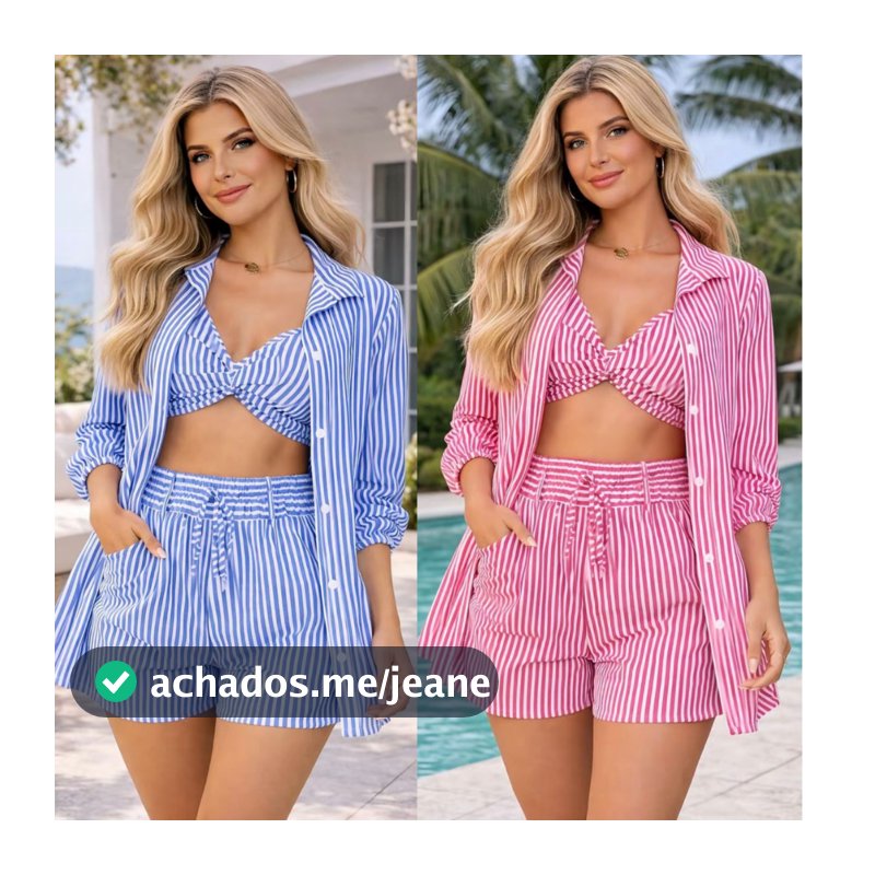 Conjunto Feminino Listrado 3 peças Camisa Social Chemise Manga longa Cropped e Short com bolso