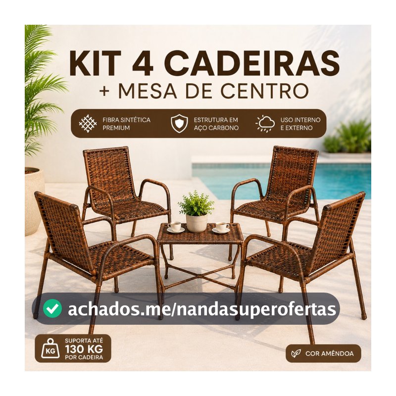 Kit 4 Cadeiras Junco + Mesinha Sintético para Jardim Piscina Área Externa Sacada Varanda Gourmet
