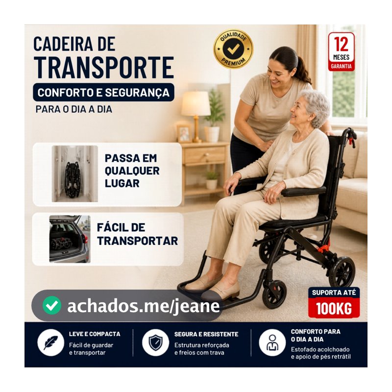Cadeira de Transporte Transferência 100kg com Rodas Pequenas Dobrável Compacta Leve