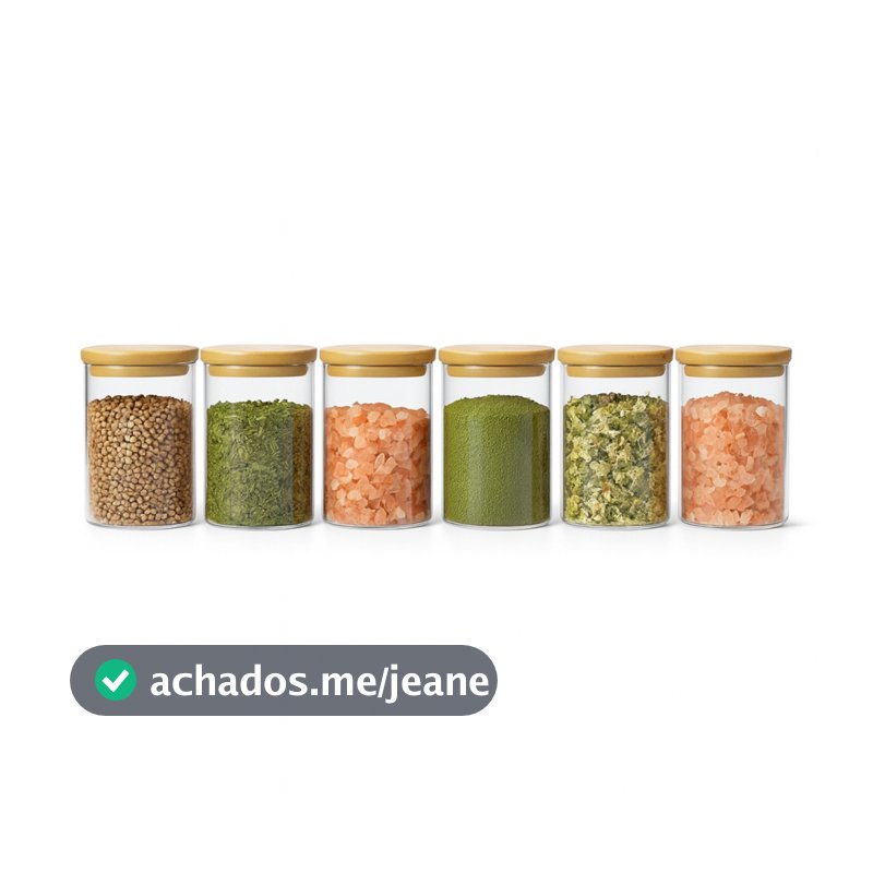Kit 6 potes de vidro com tampa de bambu herméticos para mantimentos empilháveis 300ml