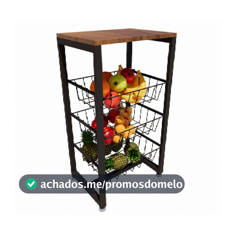 Fruteira 3 Cestos Cozinha Preta Em Aço Base Mdf Amadeirado