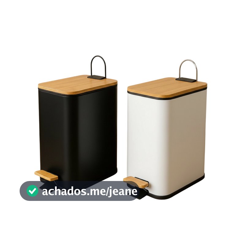 Lixeira Retangular Multiuso Moderna Aço com Tampa Bambu e Pedal Grande Cozinha Banheiro Lavanderia Branca Preta Luxo