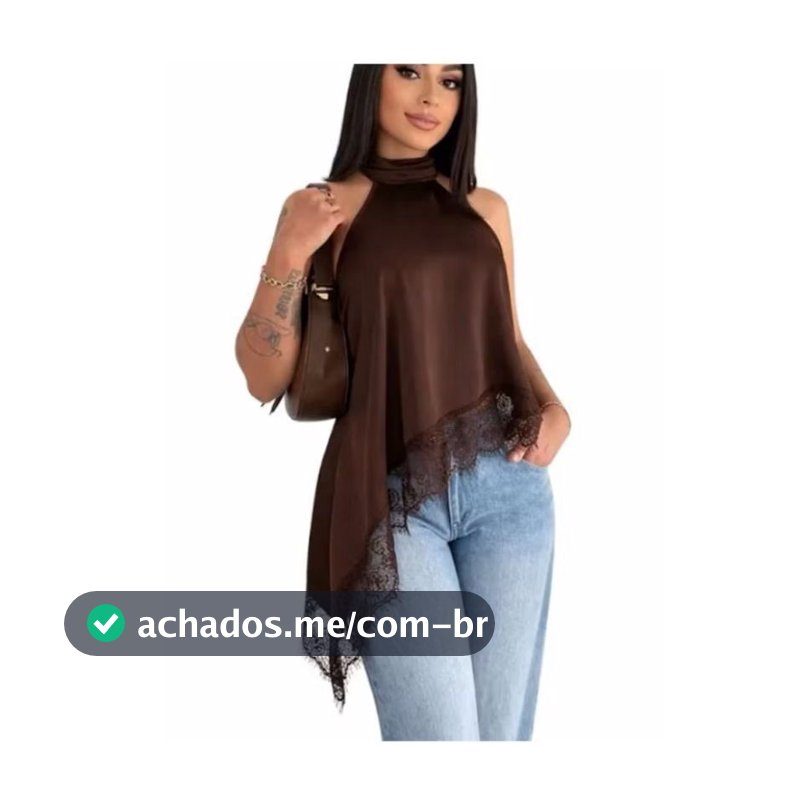 Blusa Feminina Gola Alta Assimétrica Frente Única Com Renda Bata Elegante Tendência Inverno