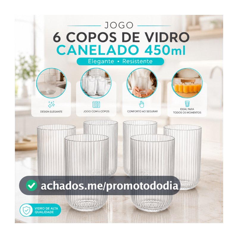 Jogo 6 Copos de Vidro Canelado 450ml Elegante Resistente para Água Suco e Drinks