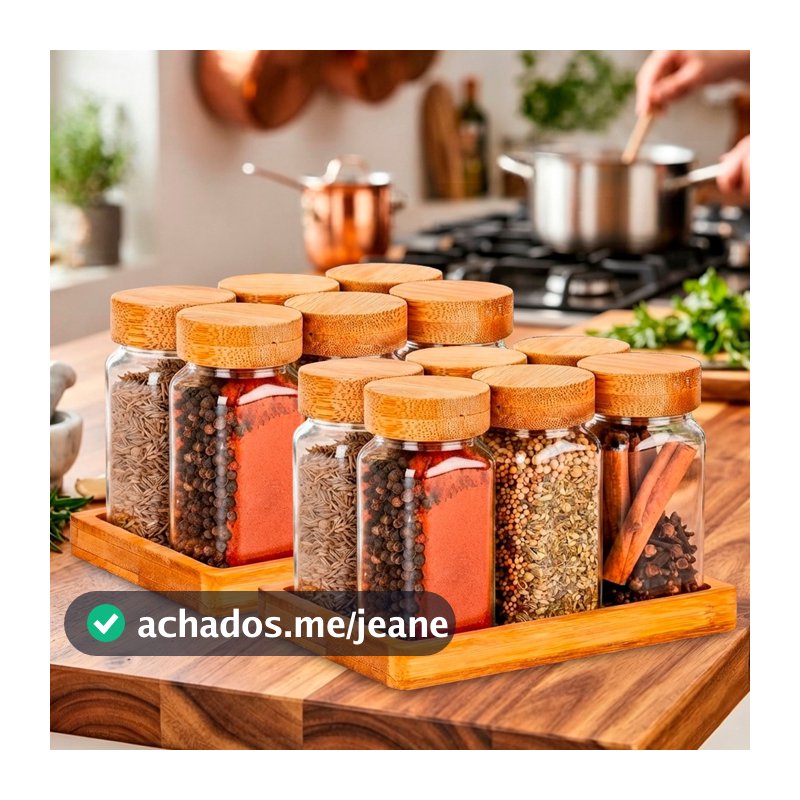 Kit 12 Potes Temperos De Vidro Tampa Bambu Porta Condimentos Sal Pimenta Cozinha Restaurante Bar