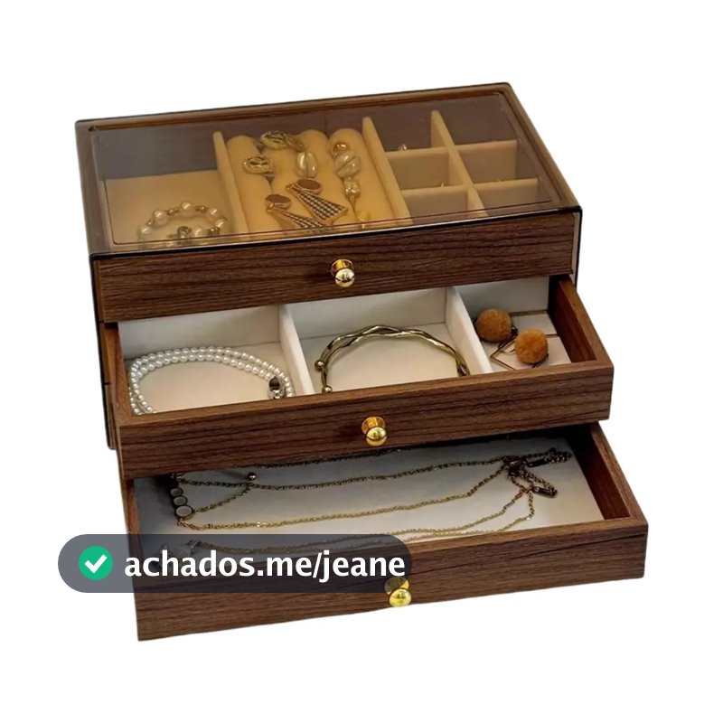 Organizador Porta-Joias de Madeira com Divisórias para Anéis, Brincos e Acessórios
