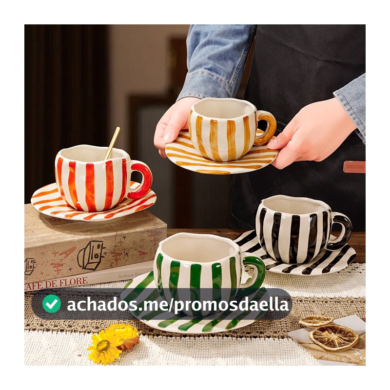Conjunto De Canecas De Café De Cerâmica Listradas Pintadas À Mão –...