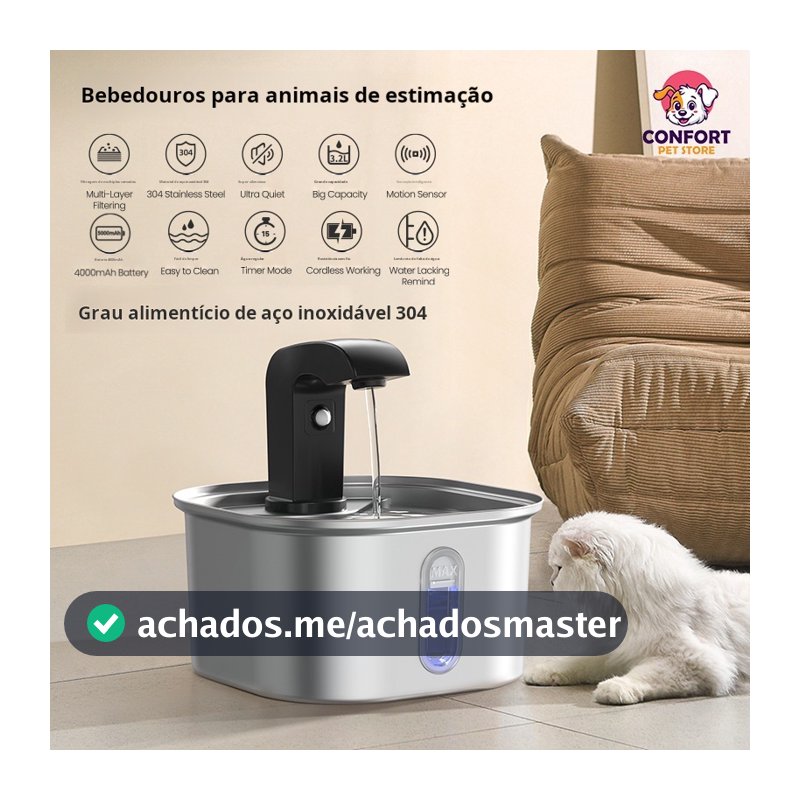 Fonte de água para animais de estimação em aço inoxidável com modo de sensor inteligente, adequada para cães e gatos