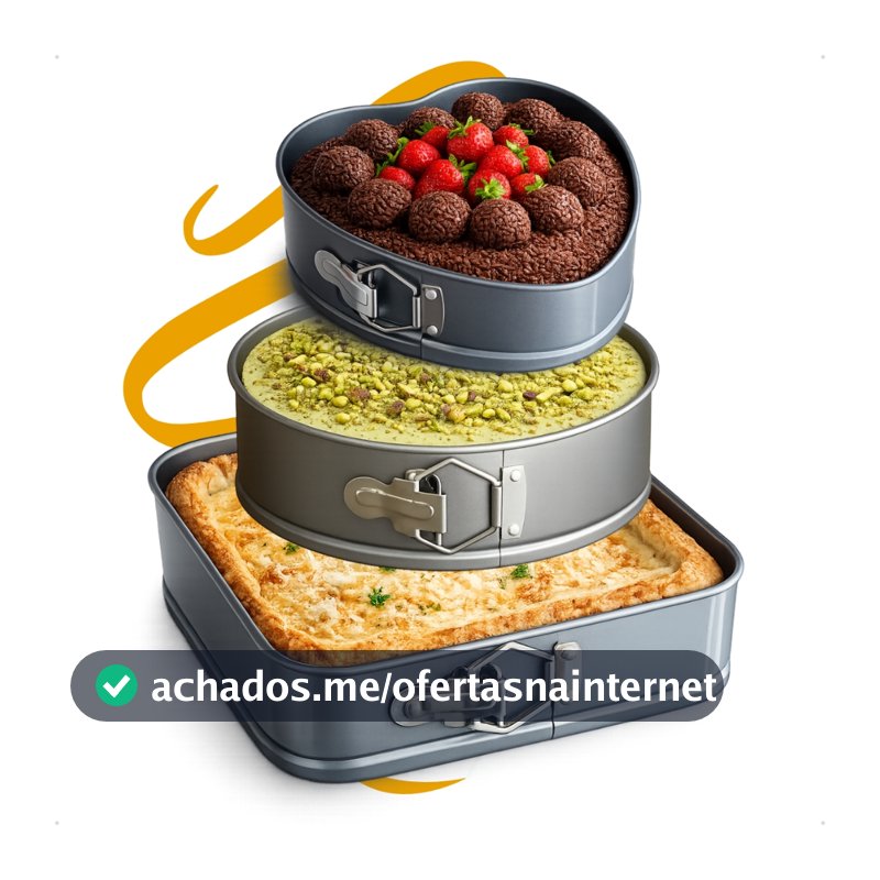 Kit 3 Formas Antiaderentes Fundo Removível Bolo Torta Coração Redonda Quadrada Aço Carbono pratica receitas versátil