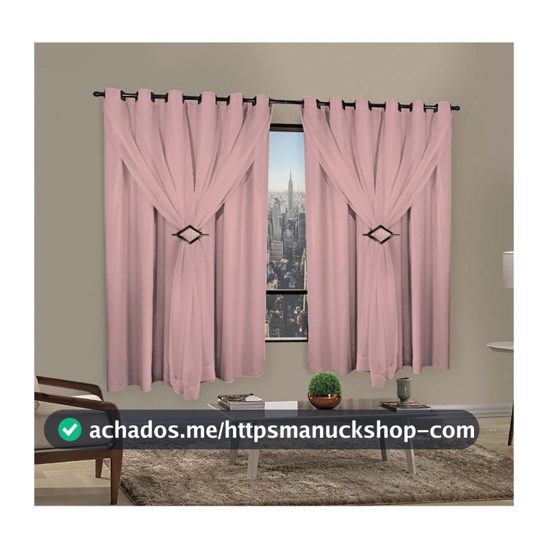 Cortina Corta Luz 2,00m X 1,80m 100% Blackout Com Voil Rosa Para Sala Ou Quarto Varão Simples