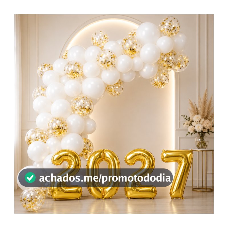 Kit Balão Bexiga Ano Novo 2027 + Numero Metalizado + Branco + Cristal Decoração