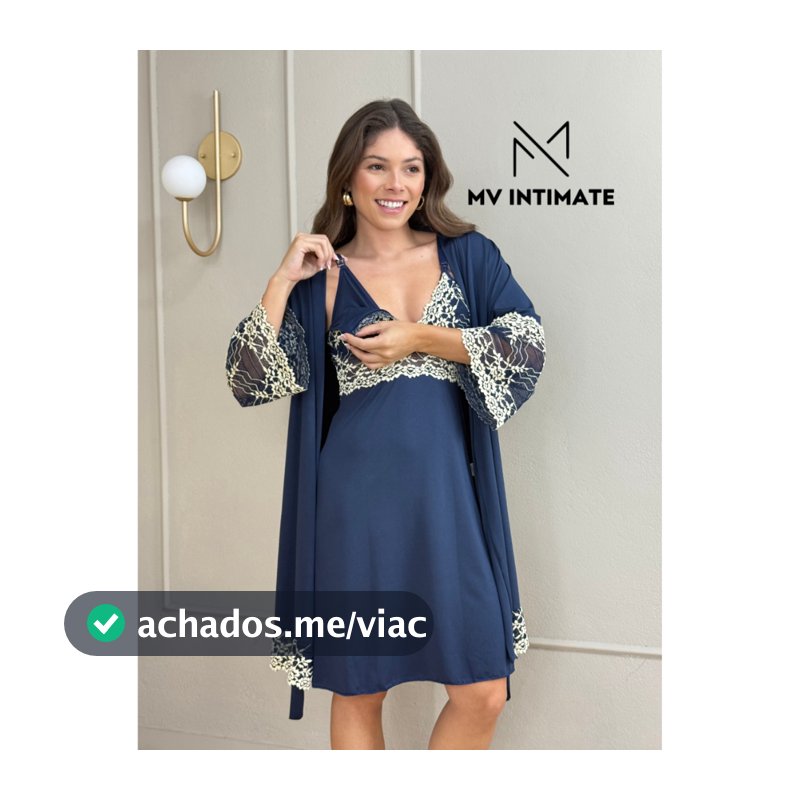 Kit Robe e Camisola Amamentação em Microfibra Light com Renda Bicolor