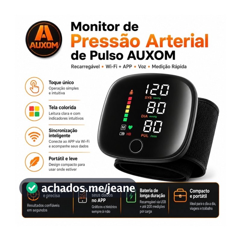 Aparelho de Pressão Digital de Pulso AUXOM Recarregável com APP Wi-Fi, Voz e Tela Colorida