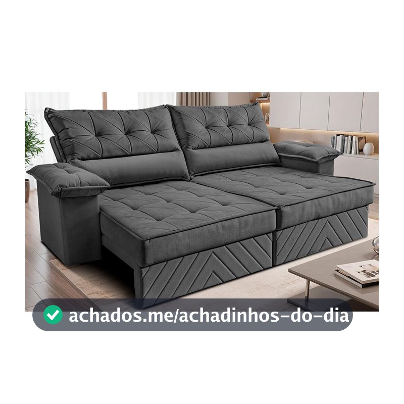 Sofá Retrátil e Reclinável 2,40m com Molas e Espuma D33 Thunder Velusoft Cinza Cama inBox