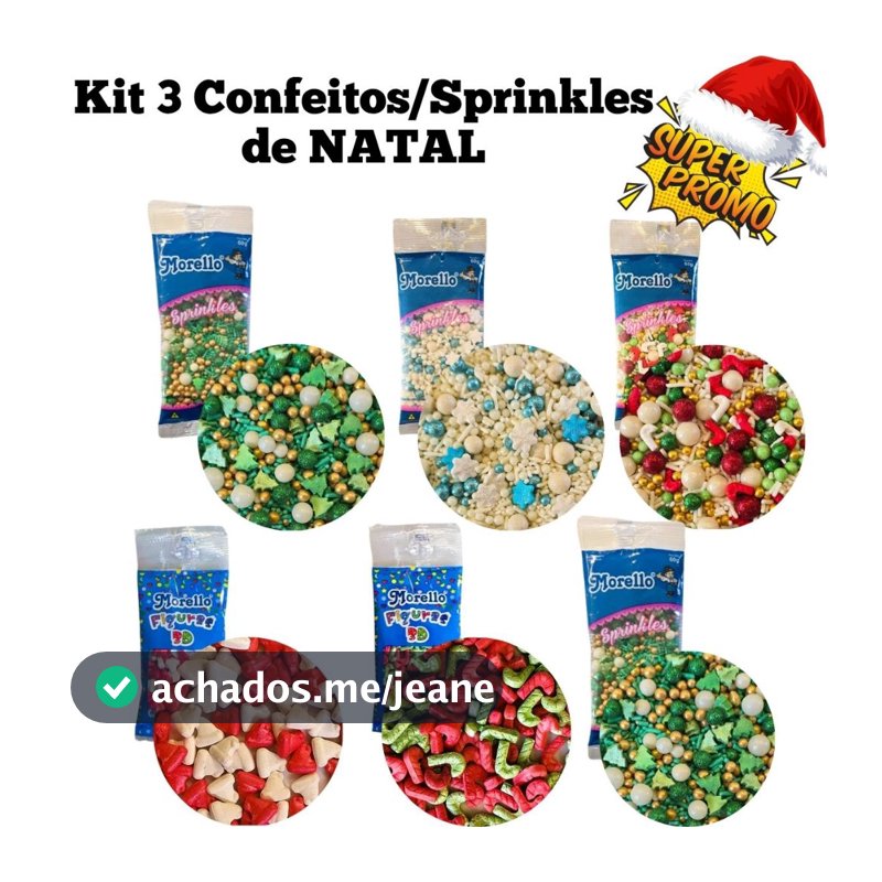 Kit 3 Sprinkles Confeitos de Natal Comestíveis de Açúcar Natalinos para Doces Brigadeiros Bolos