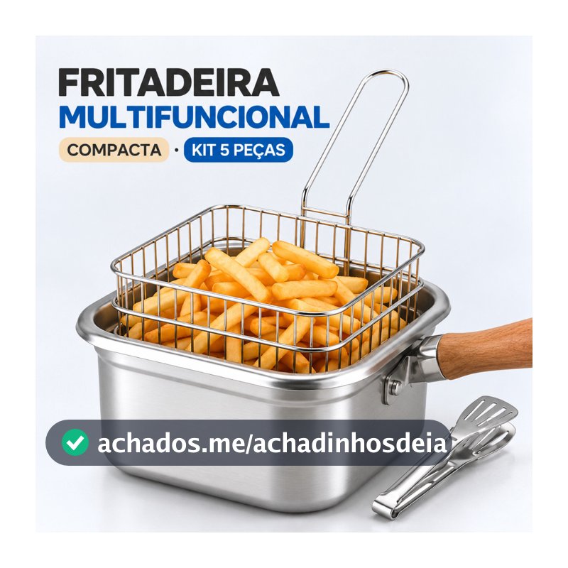 Panela Fritadeira Multifuncional em Aço Inox com Cesto Tampa e Acessórios para Cozinha 5 Peças