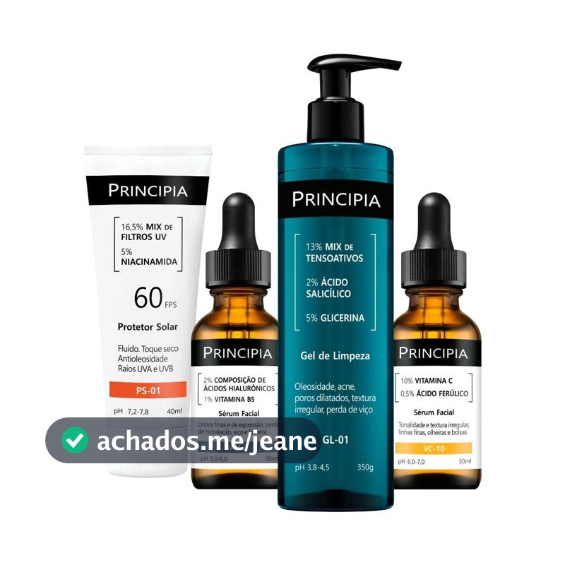 Principia Kit Essencial Vitamina C c/ Gel de Limpeza GL-01 + Sérum AH-2 + Sérum Vitamina C VC-10 + Protetor Solar PS-01
