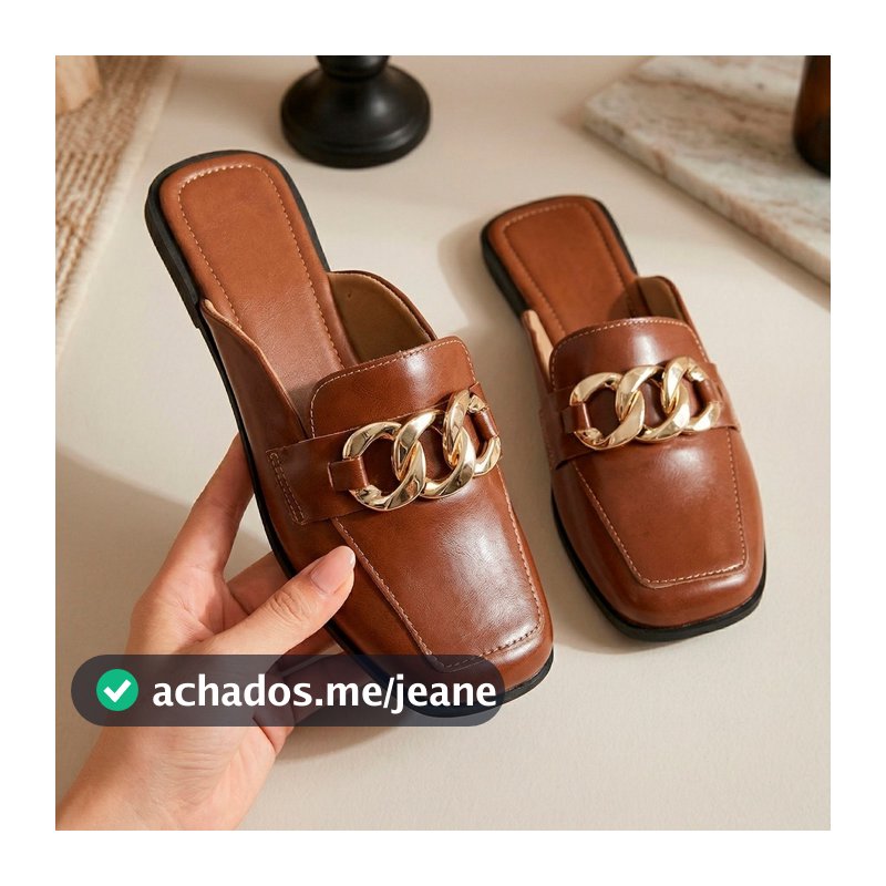 Mule Feminino Elegante Corrente Dourada Bico Quadrado Macerata Confortável Ref: R-151
