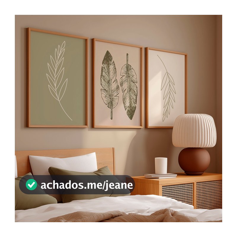 Kit 3 Quadros Decorativo Folha Verde Desenho Minimalista Neutro Natural Simples Casa Sala Quarto Escritório Moldura