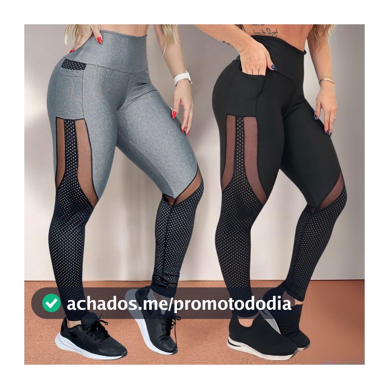 Calça Legging Fitness Feminina com Bolsos Laterais e Recortes em Tule e Tela nas Pernas Envio 24H
