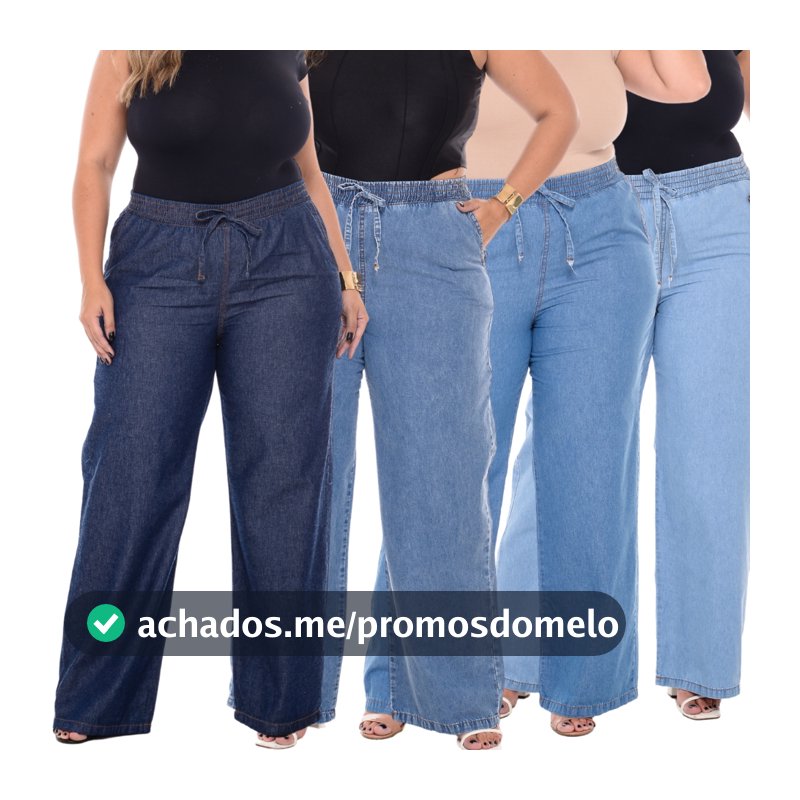 Calça Wide Leg Plus Size Jeans Feminina Cintura Alta Pantalona Tecido Leve
