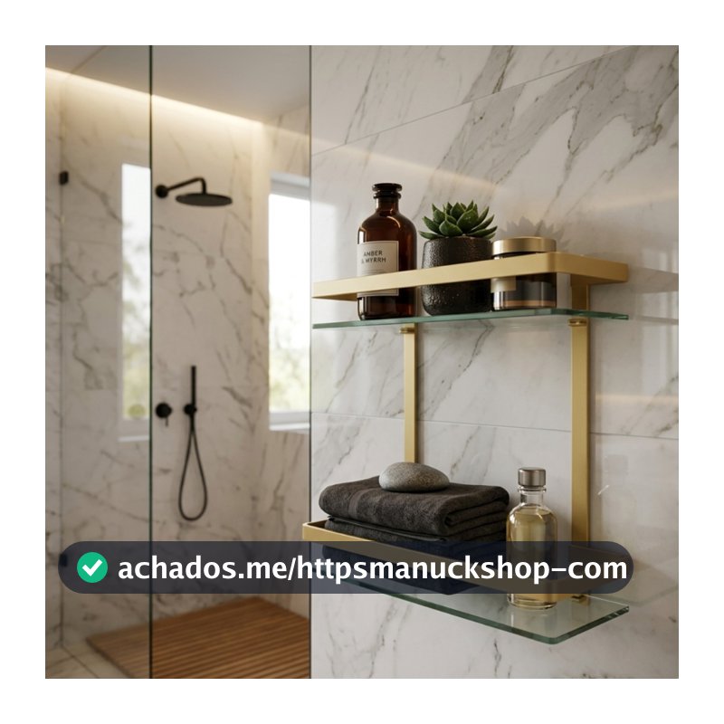 Porta Shampoo Prateleira Suporte Banheiro Vidro 6mm Nicho Reto Duplo Dourado