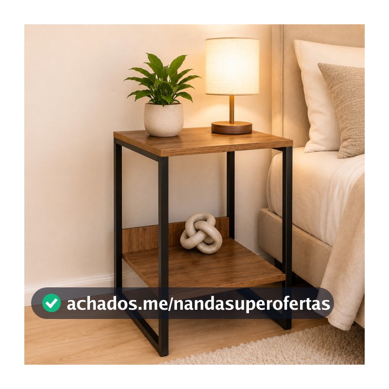 Mesa Cabeceira de Cama Industrial Criado mudo Base de Ferro Tampo Madeira Alto Padrão Luxo