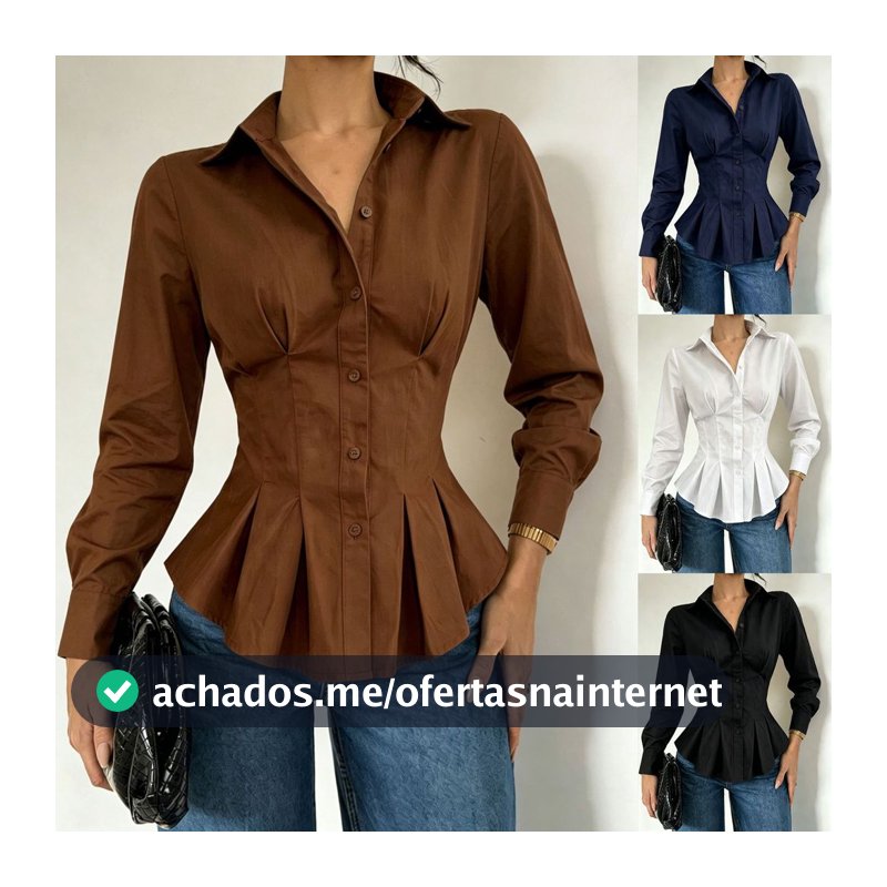 Gola Babado Borda Cintura Cinching Manga Comprida Plissada Camisa