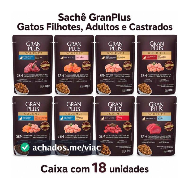 Ração Úmida Gatos Castrados Salmão Frango GranPlus 18 Sachês