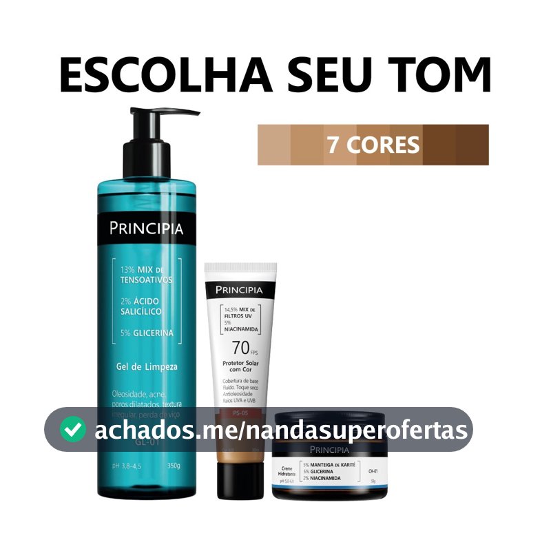 Principia Kit Limpa Hidrata e Protege c/ Gel de Limpeza GL-01 + Creme Hidratante CH-01 + Protetor Cor PS-05 FPS 70