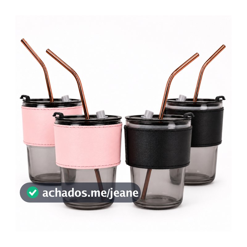 25 Copos De Vidro Com Canudo E Tampa Hermética 380ml Coldre Couro Moderno Aesthetic Cult Premium Com Vedação